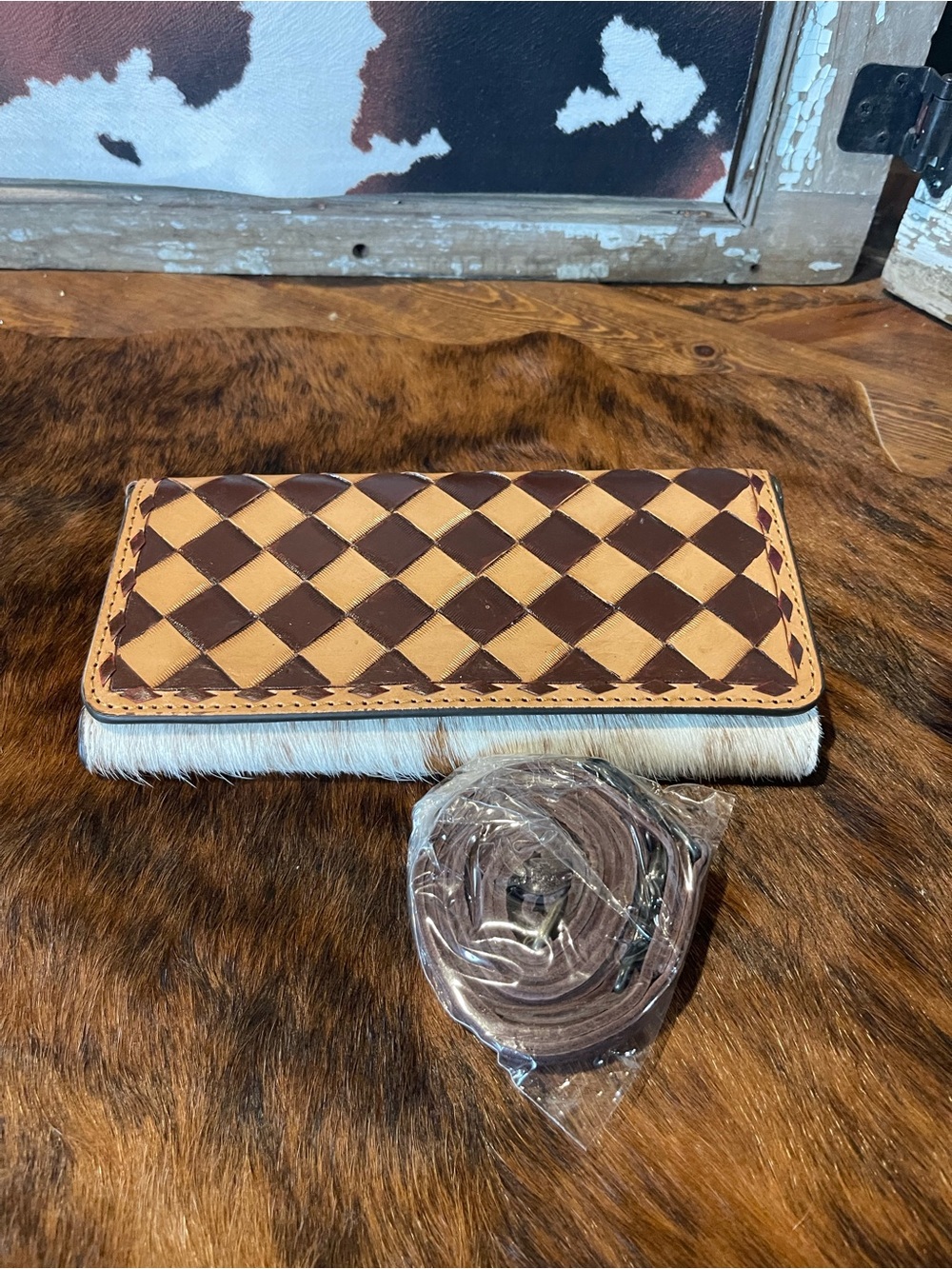 Brown & Tan Woven Leather Clutch Wallet with Hair-On Detail